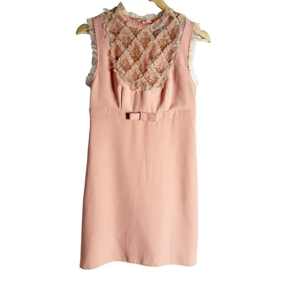 Elisabetta Franchi Blush Pink Sleeveless Frilly Bow Preppy Sheath Mini Dress 4 - Picture 4 of 16